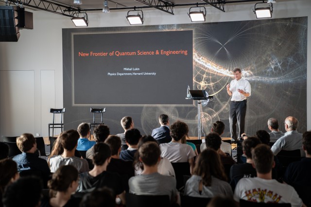 Mikhail Lukin giving a public talk at Literaturhaus in Munich. Scientist Mikhail Lukin giving a public talk.